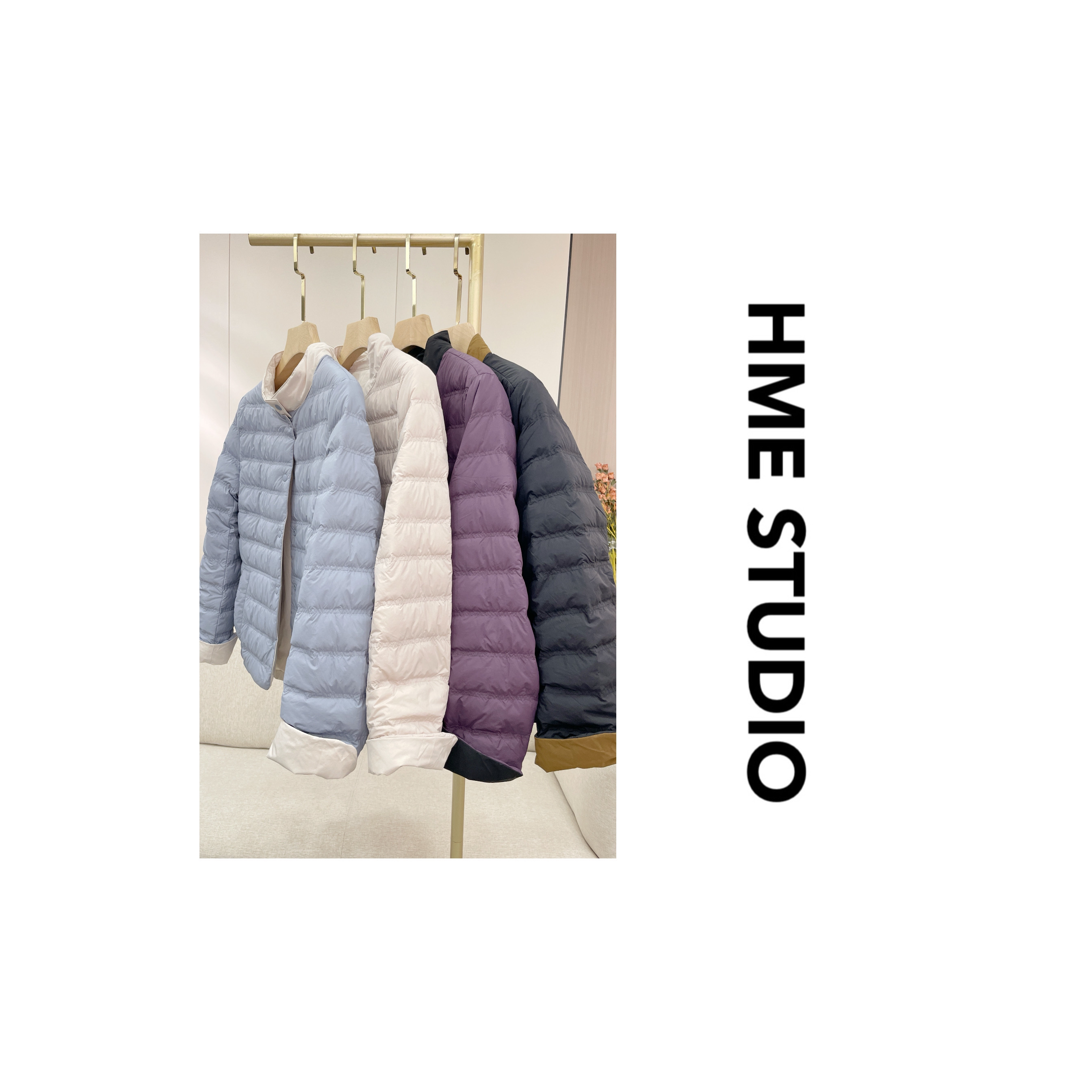 【HME】（两面穿-羽绒服）简约小立领轻薄百搭撞色双面穿90安心白鸭绒