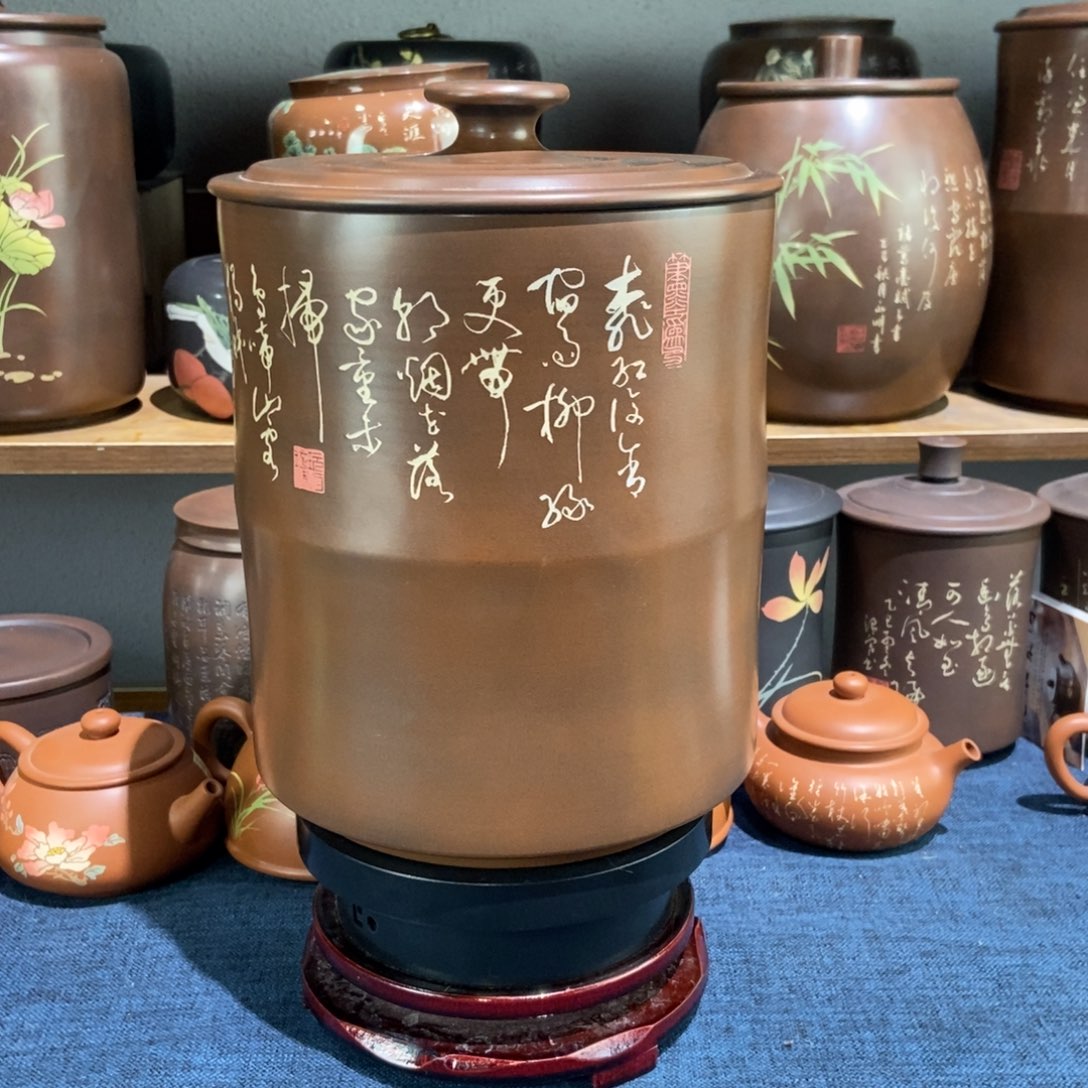 9建水紫陶手工精磨彩填醒茶罐