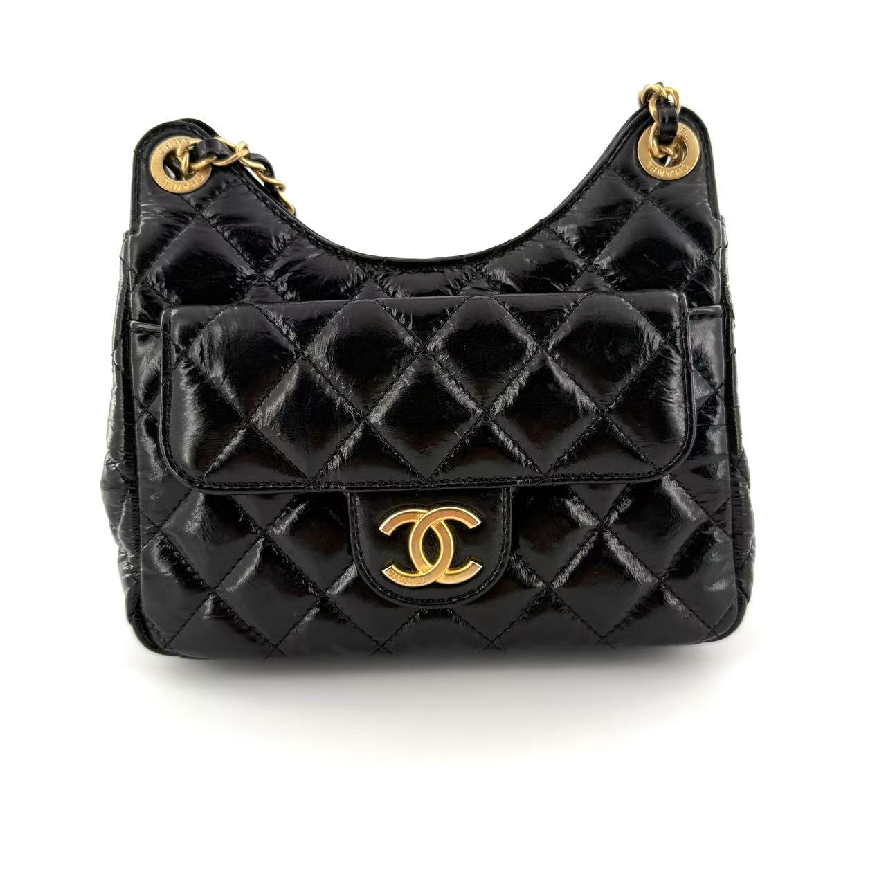 99新 Chanel/香奈儿 23C黑金油蜡皮天猫精灵单肩包 C1840