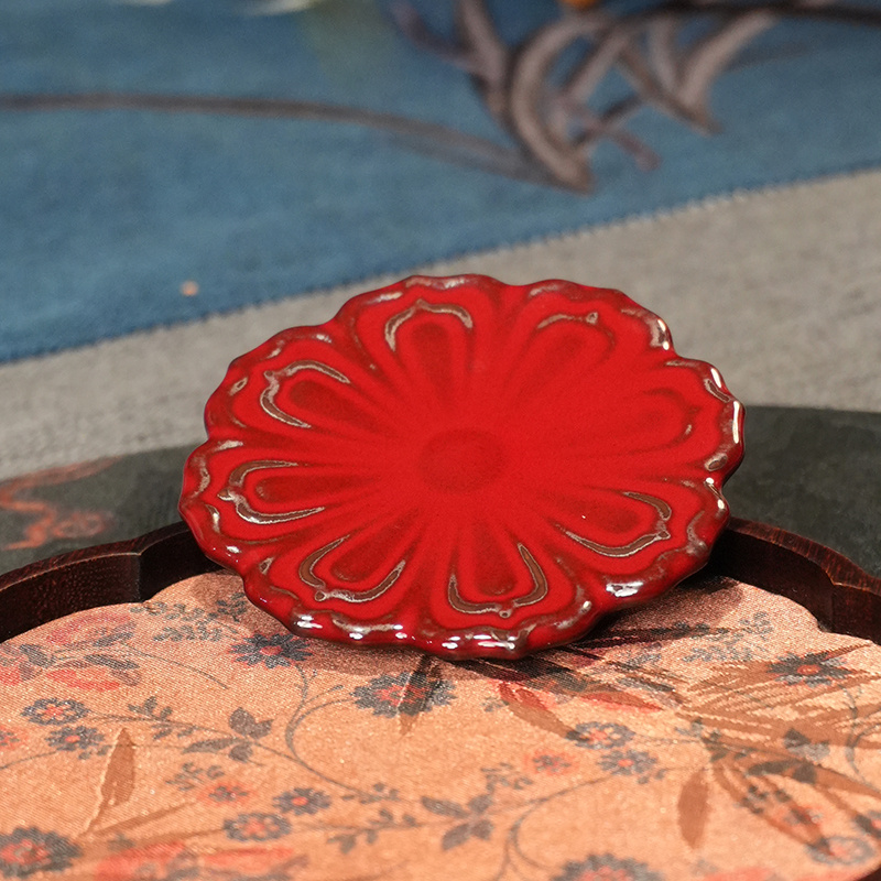 官窑陶瓷茶具庄老师手作原矿泥料铁胎郎红莲花杯垫