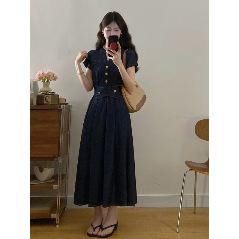 高级感薄款牛仔裙连衣裙女2025春夏新款大码胖mm收腰显瘦港风长裙