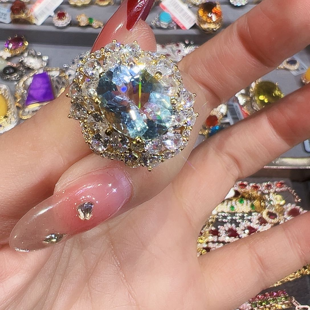 银S925镶嵌戒圈海蓝宝石