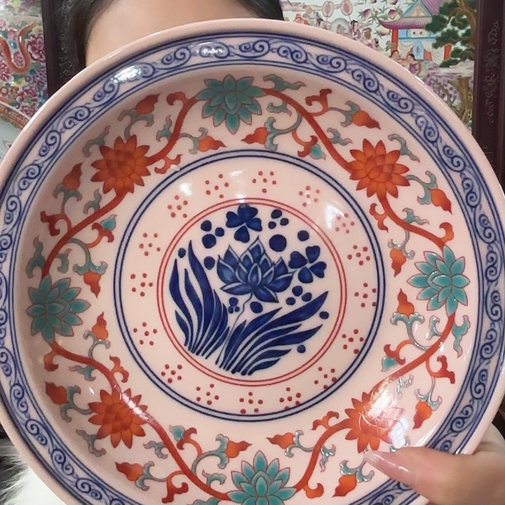 陶摆件景德镇高温陶瓷缠枝莲红希盘29