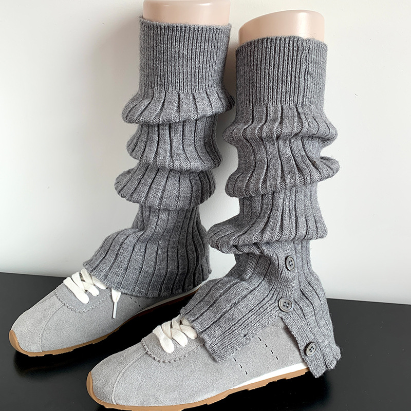 秋冬新款女中筒针织竖条开叉保暖袜套灰色黑色奶白色百搭腿袜