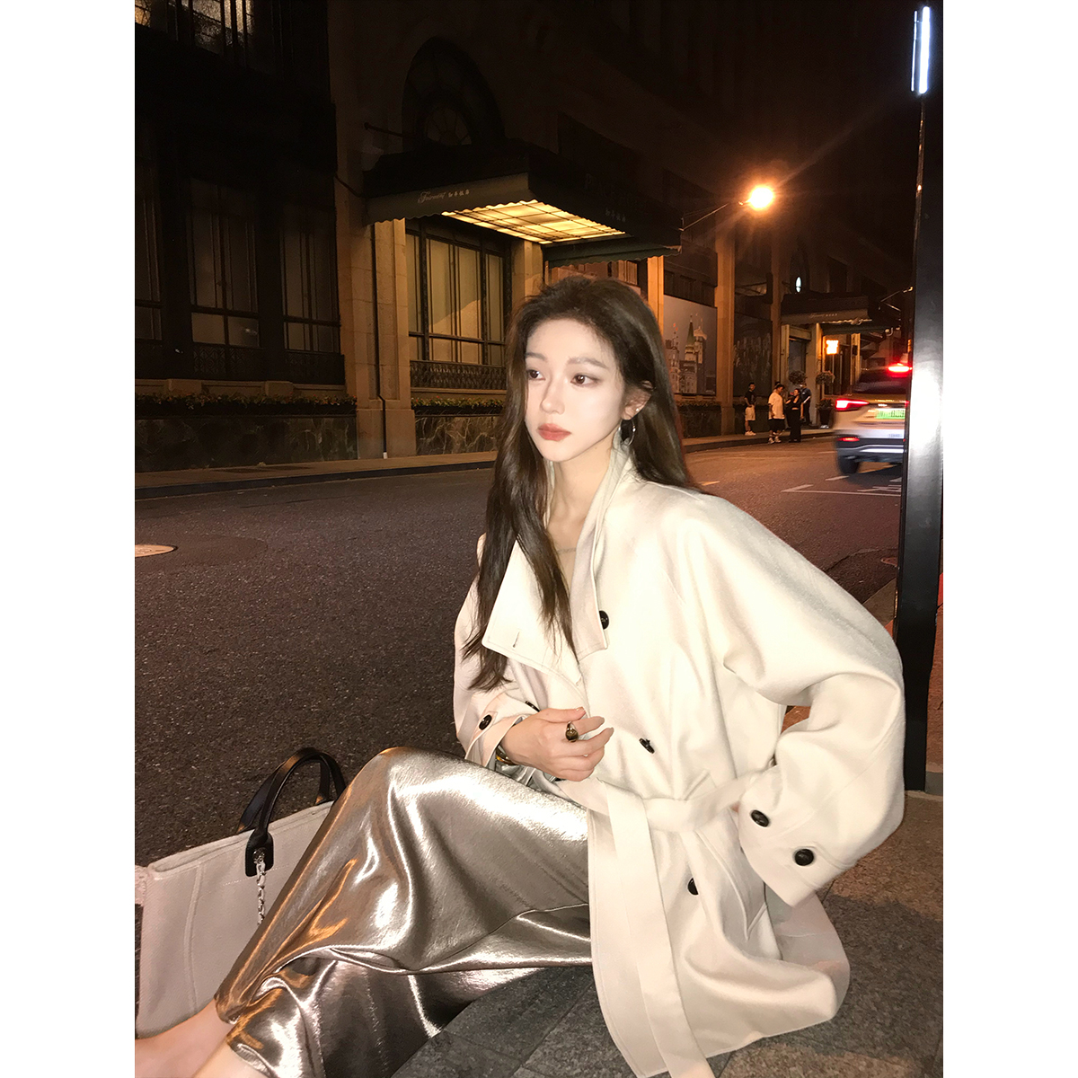 安酒月【伦敦周末】韩系气质立领廓形短款风衣女腰带系带休闲大衣
