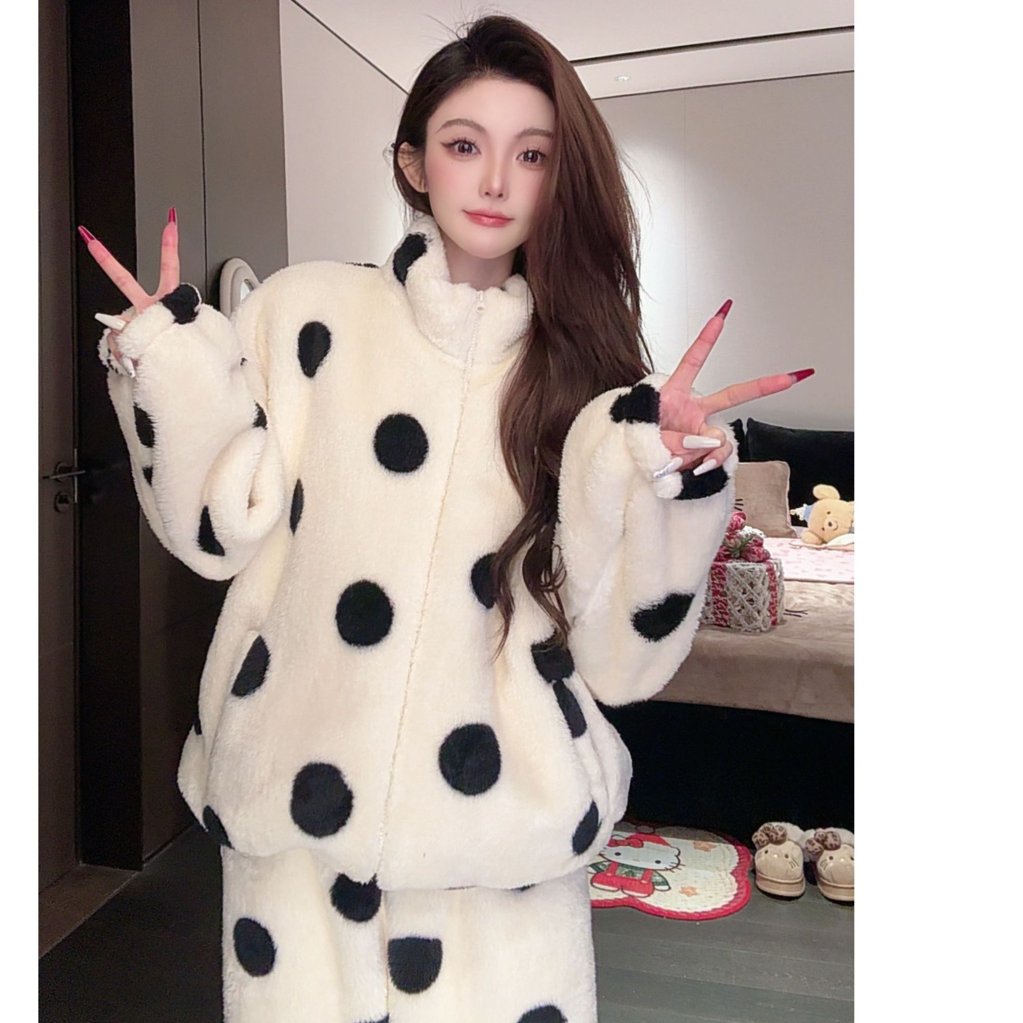 【下雪都能穿！】冬季可外穿波点加绒加厚天鹅绒睡衣家居服套装
