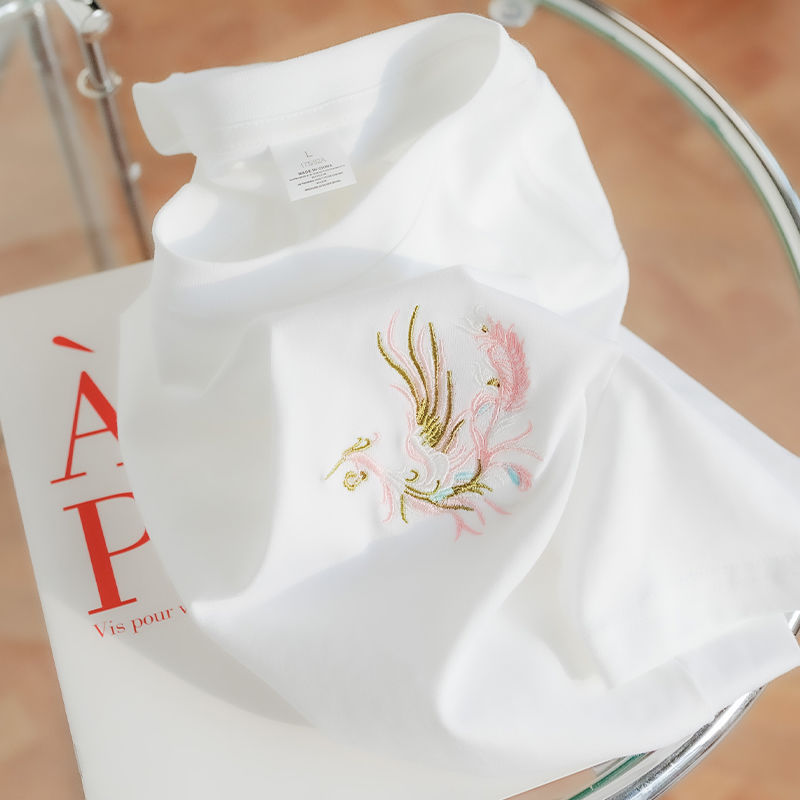 孔雀100%纯棉刺绣短袖t恤女宽松白色全棉学生男女同款半袖2025