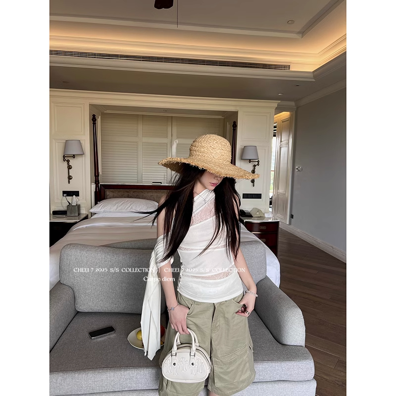 2025年夏季新款设计感小众拼接蕾丝斜肩上衣女修身显瘦 飘带臂环