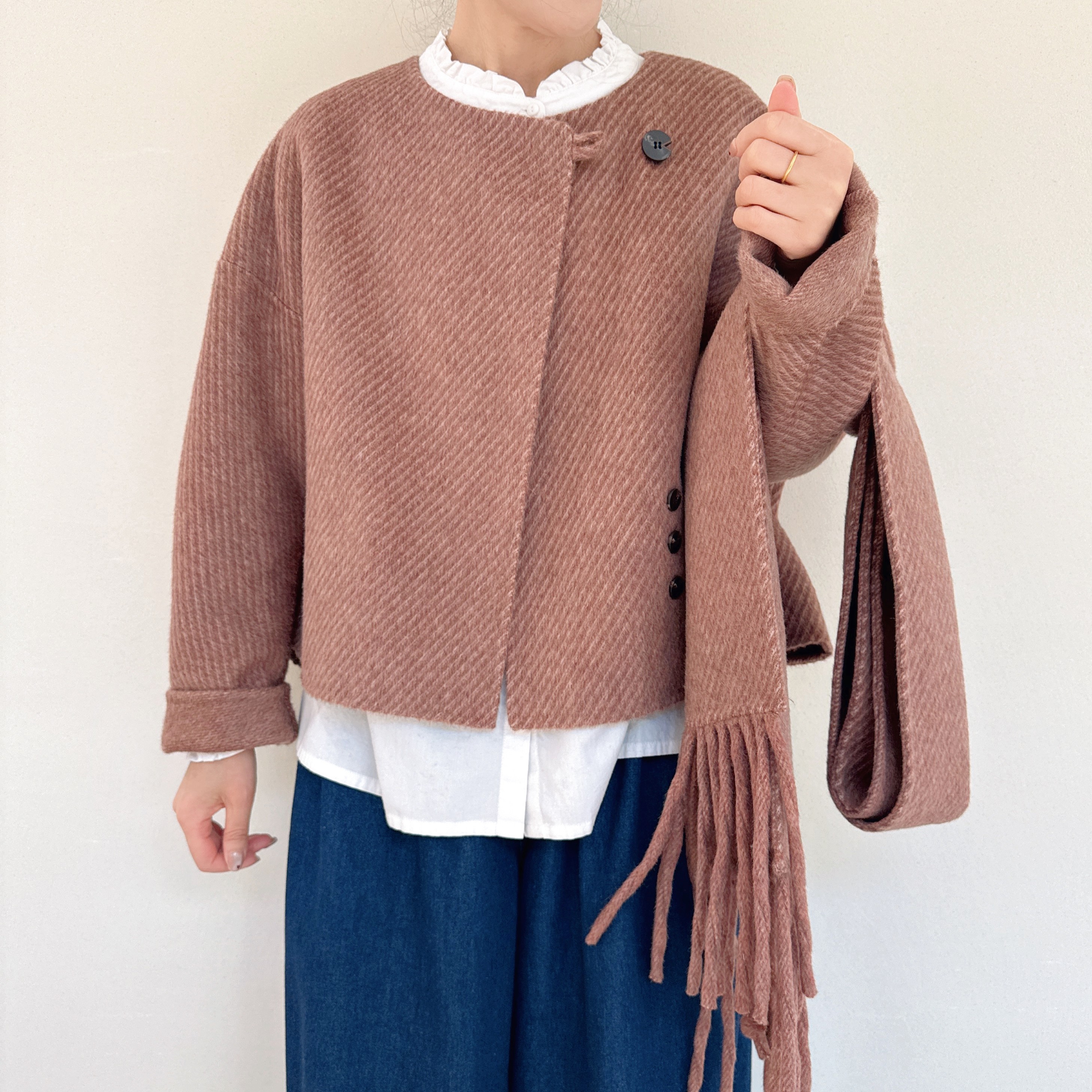 秋冬新款高端时尚围巾领外套韩版宽松双面呢轻奢休闲羊毛短款大衣