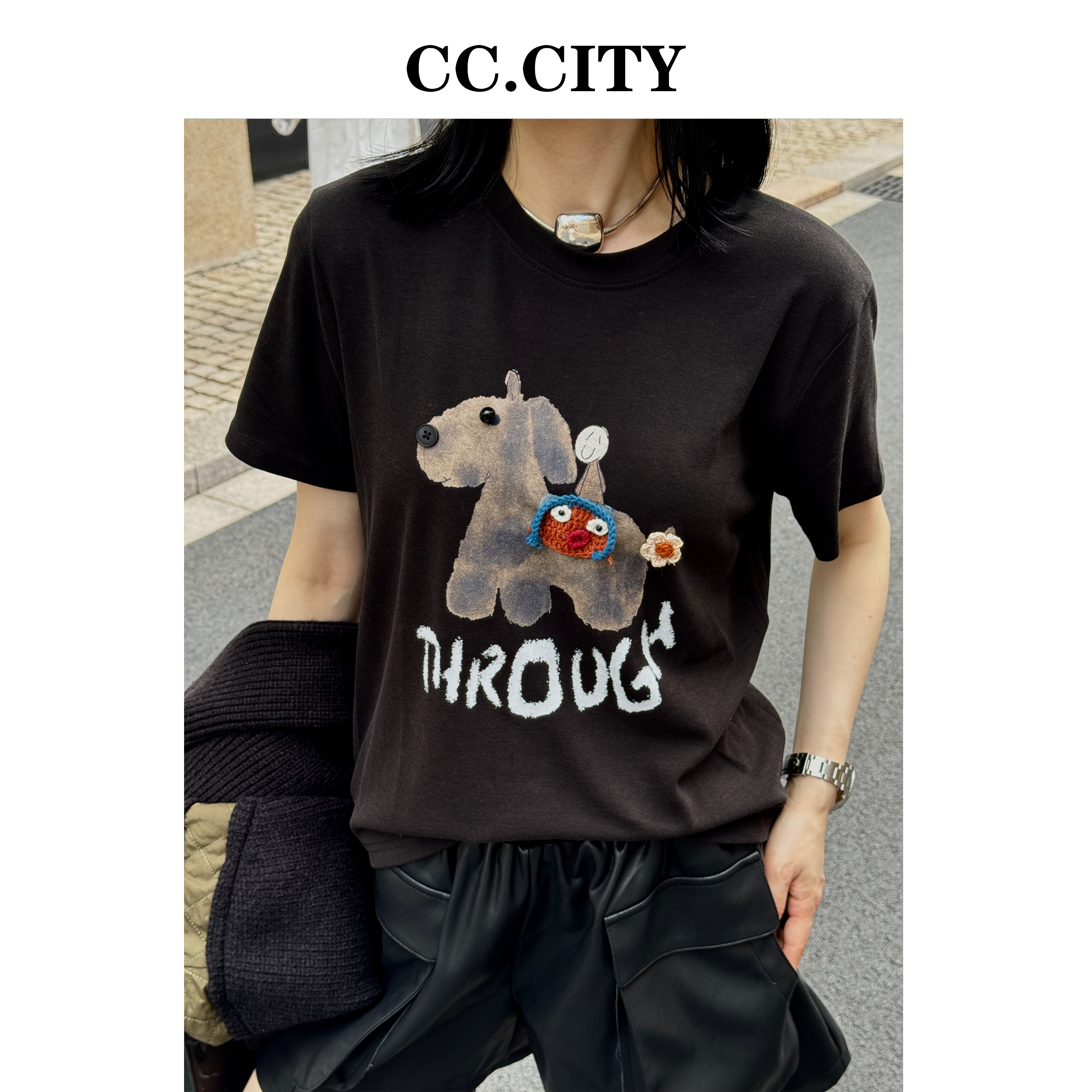 【蔡丽丽&添羽】圆领短袖法式常规动物修身型T恤W7927