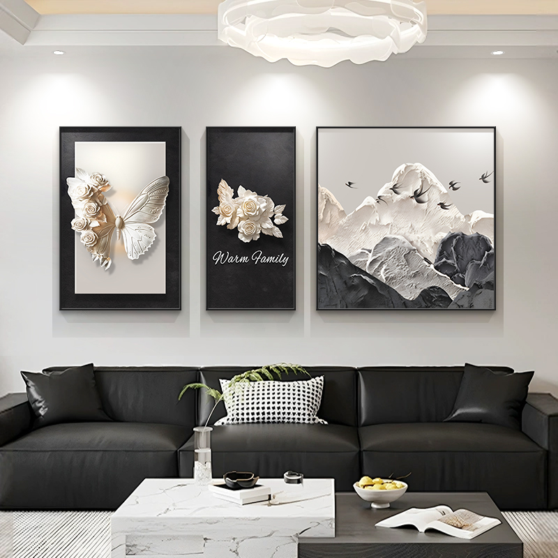 【直播间福利】法式风客厅装饰画沙发背景墙挂画黑白灰蝴蝶新款壁画