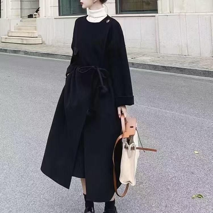 （双11）秋冬韩系简约气质黑色系带毛呢大衣外套