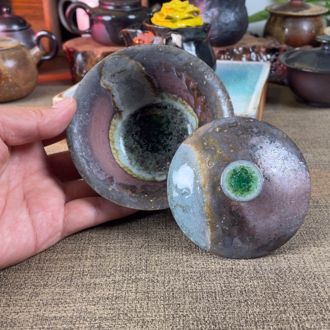 莫奈盖碗。  柴烧。   盖碗