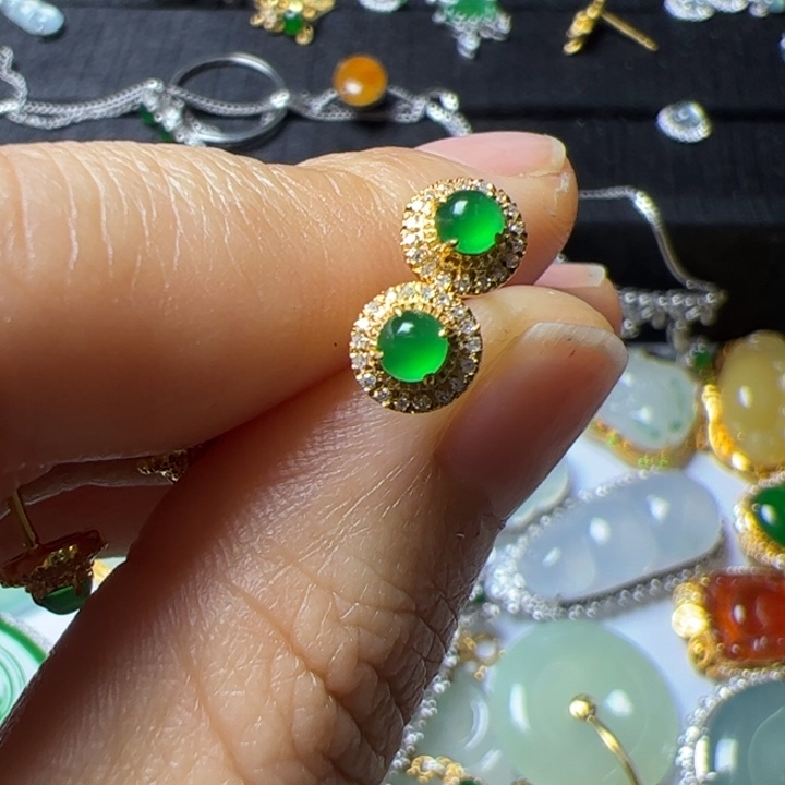 翡翠耳饰18K金镶嵌翡翠吊坠项链