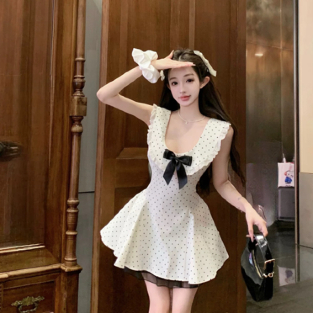 法式波点蝴蝶结收腰无袖背心连衣裙女夏季修身短款甜美
