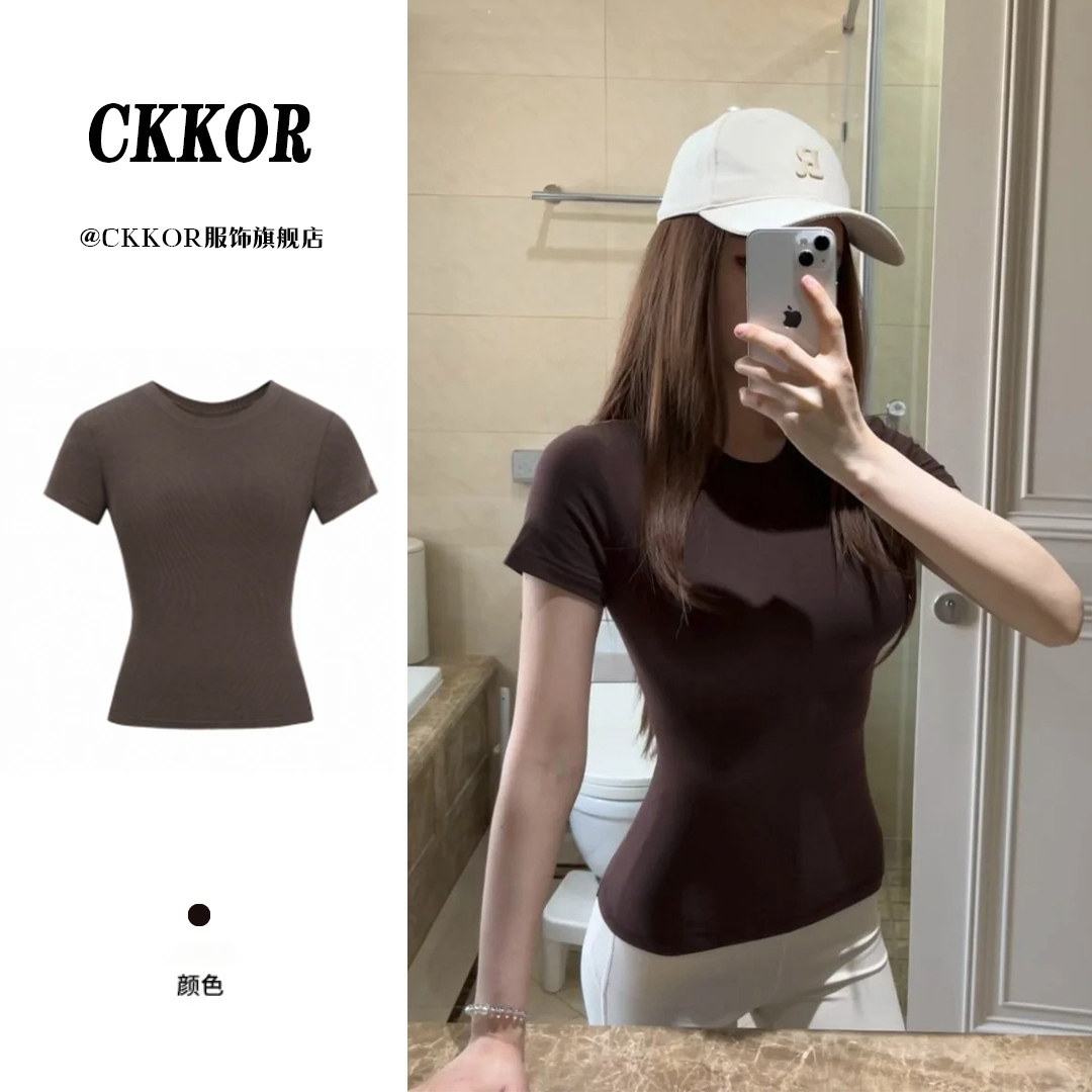 CKKOR夏季吸汗速干短款圆领短袖t恤女修身显瘦新款百搭弹力上衣服