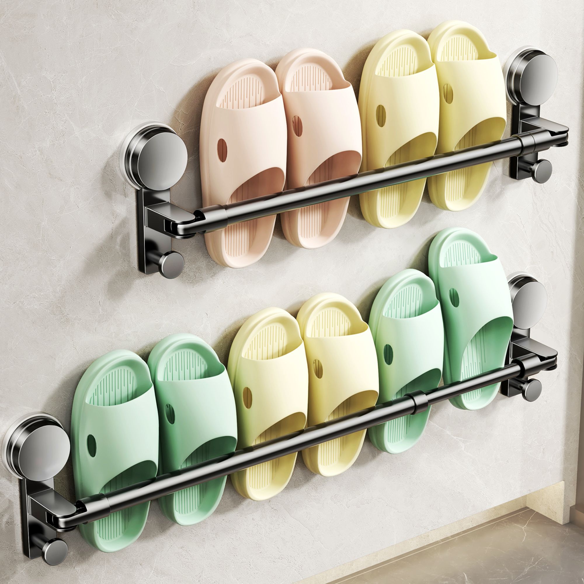 吸盘可伸缩多功能拖鞋架卫生间浴室免打孔毛巾架壁挂式鞋架