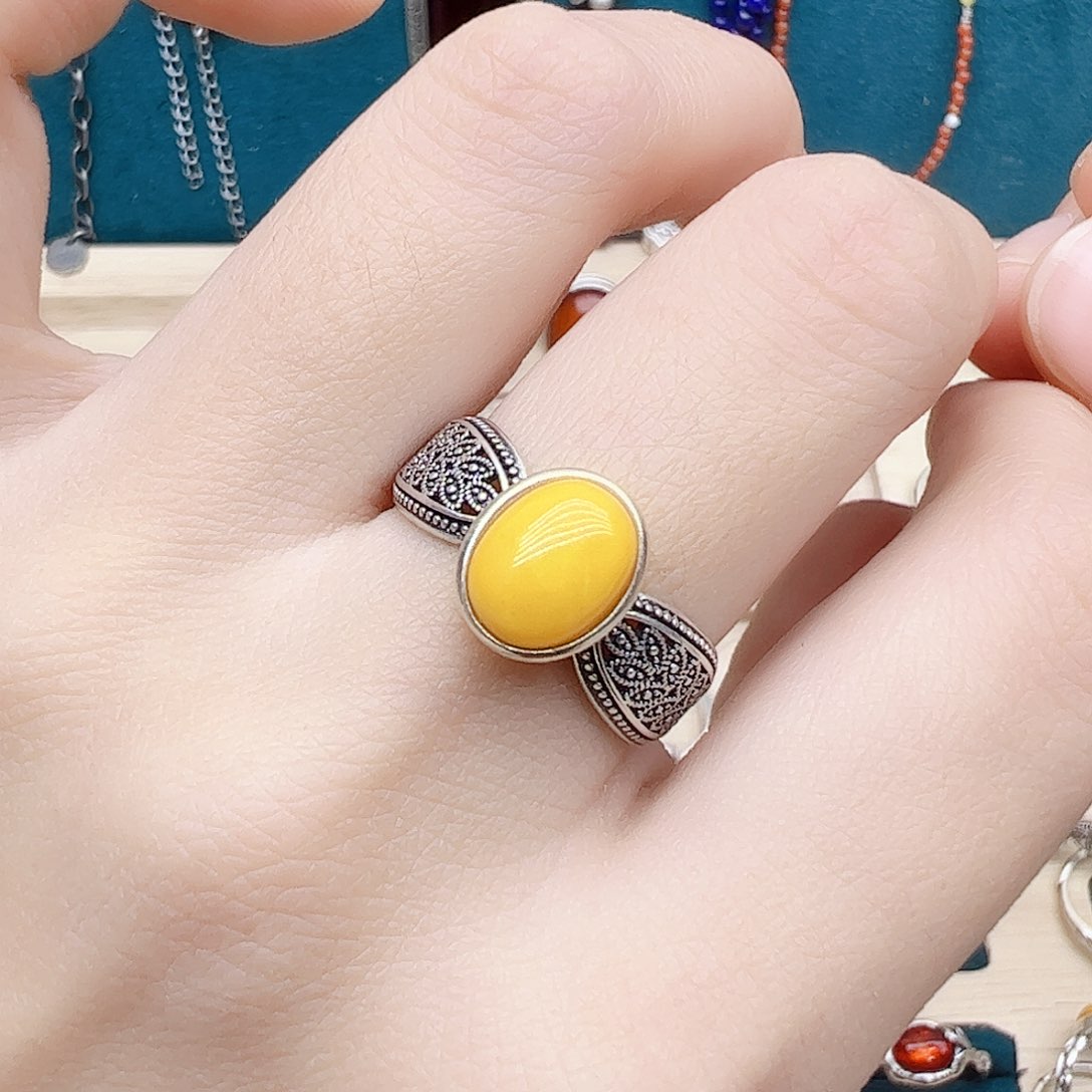 蜜蜡戒指银S925镶嵌天然