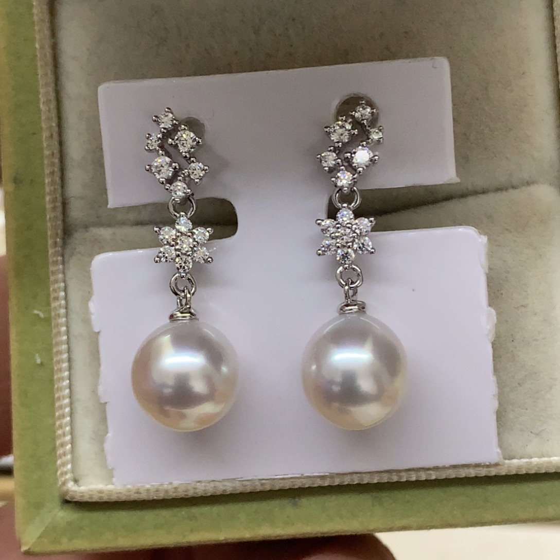 海水珍珠耳饰银S925镶嵌9-10澳白耳线