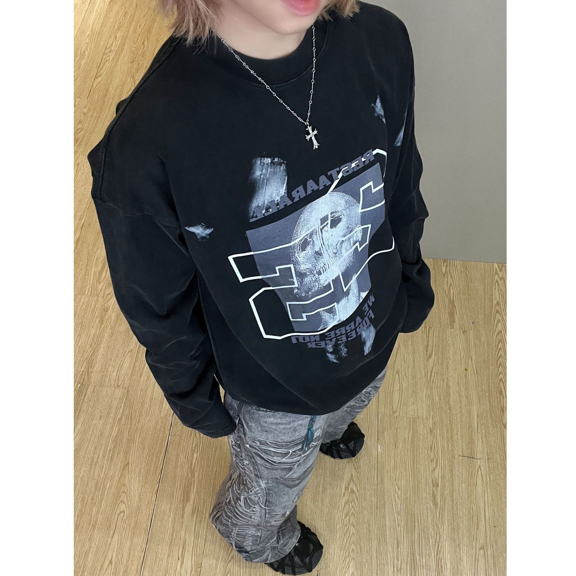 【嘻哈骷髅】美式休闲设计感小领口宽松字母印花长袖T恤hiphop