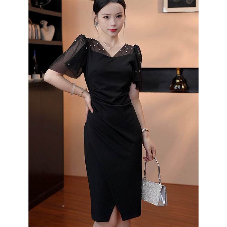 9979法式黑色网纱连衣裙夏季收腰包臀气质