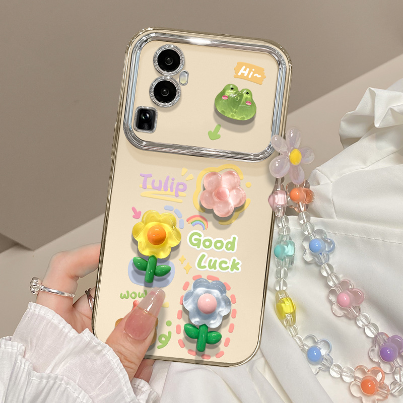 opporeno12pro手机壳s17青蛙花公仔链条13电镀6D视窗挂件透明