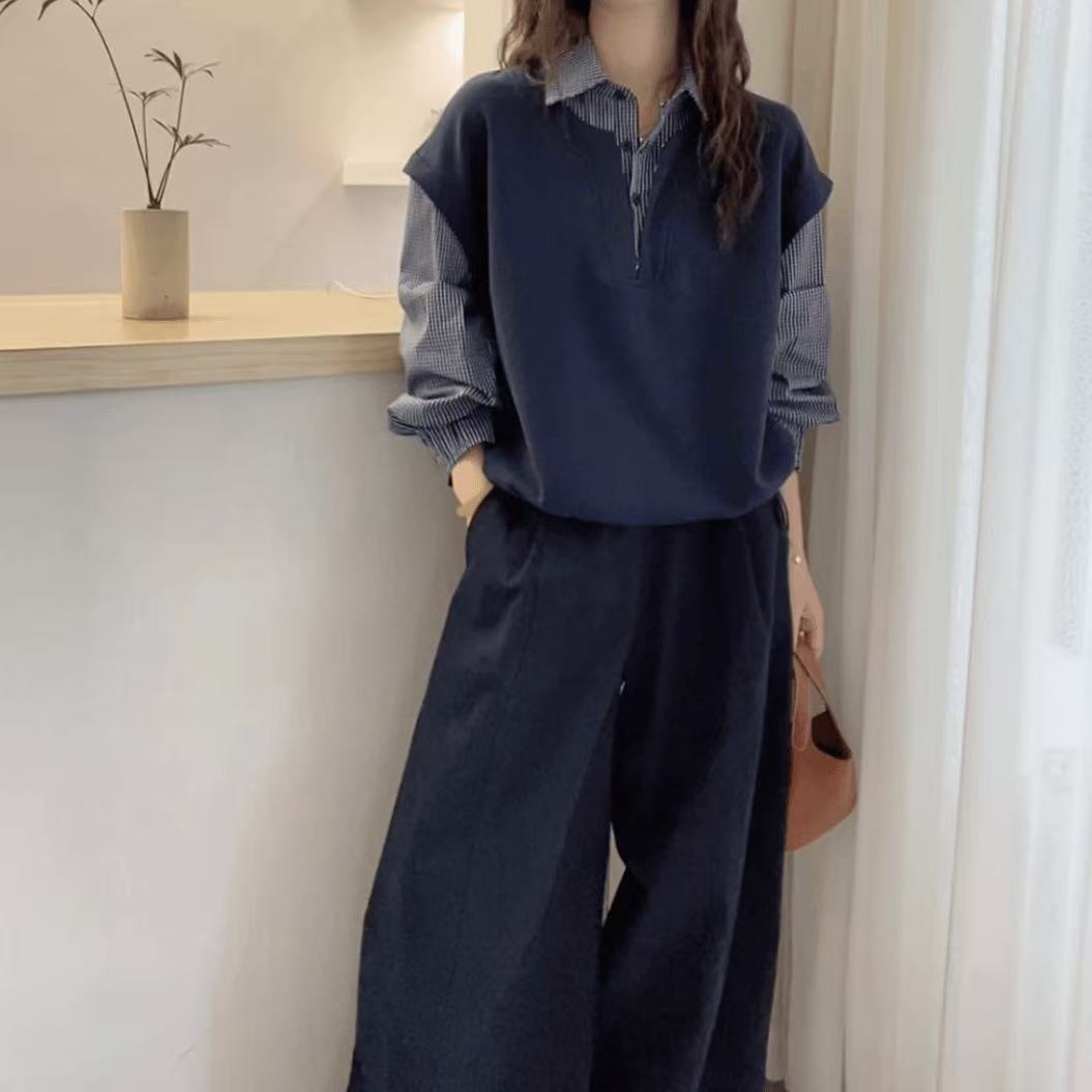 欧洲站2025秋装新款欧货假两件卫衣拼接格子长袖衬衫女春秋衬衫潮