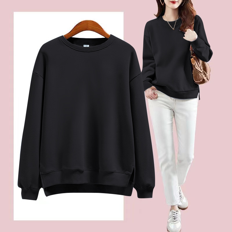 加绒加厚410克秋冬装黑色卫衣圆领单穿外出服装一件黑色