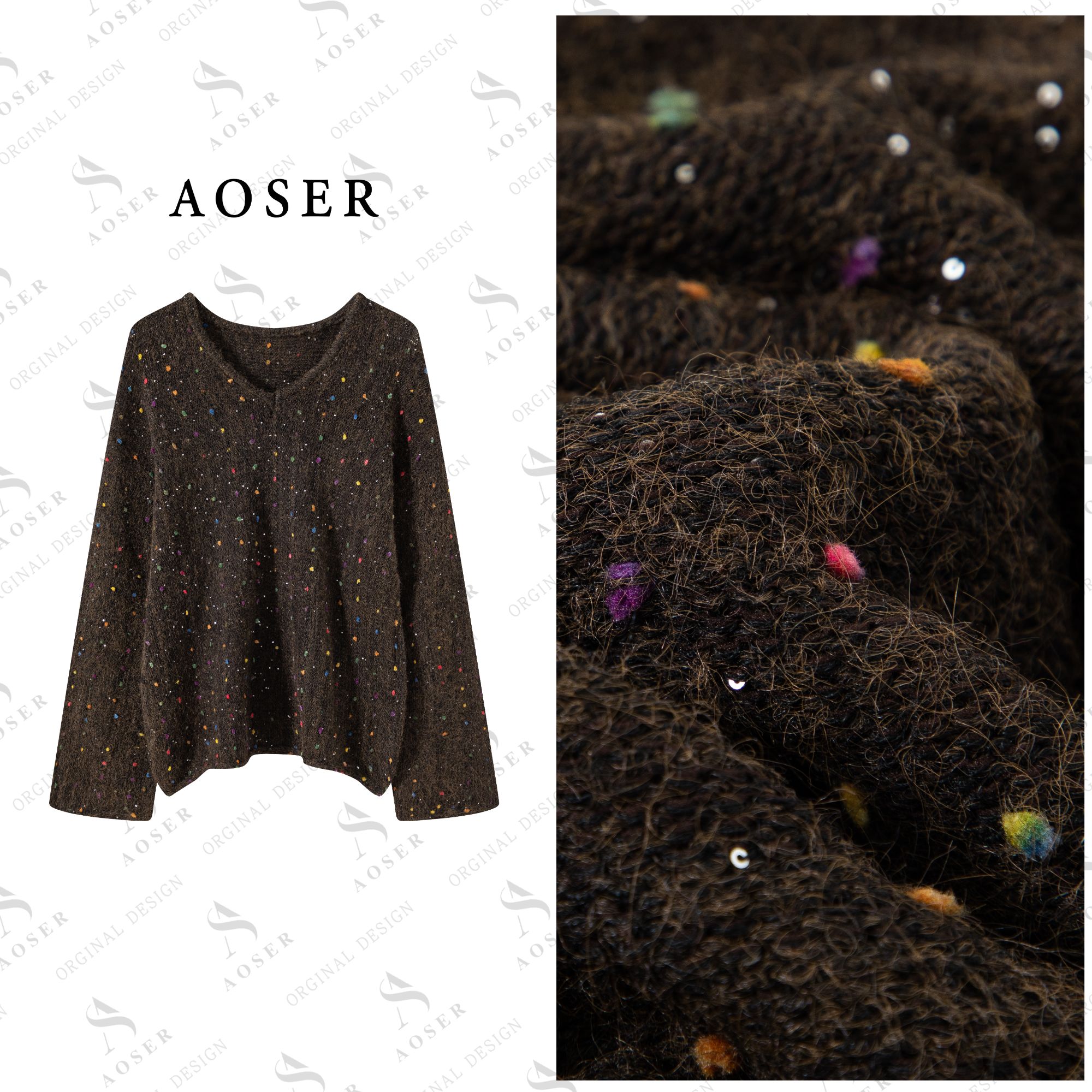 AOSER休闲极简风V领补花亮片长袖女装毛衣时尚锁温百搭毛衣5233