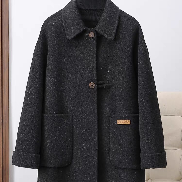 长毛双面羊毛大衣中长简约娃娃领高级感妈妈装韩版显瘦