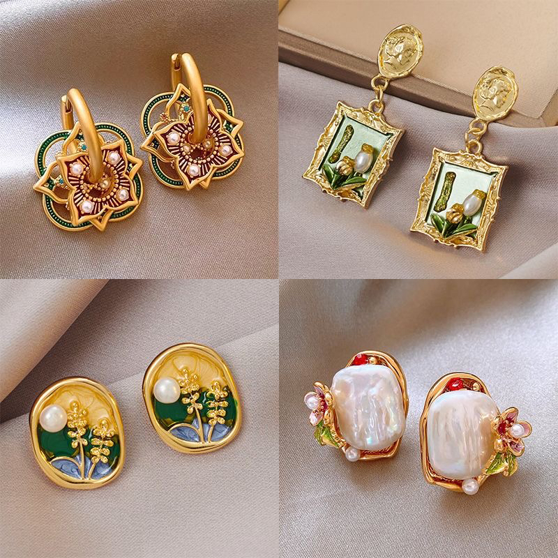 合金珐琅耳饰 宫廷风设计植物花卉时尚法式女素款复古宫廷耳环