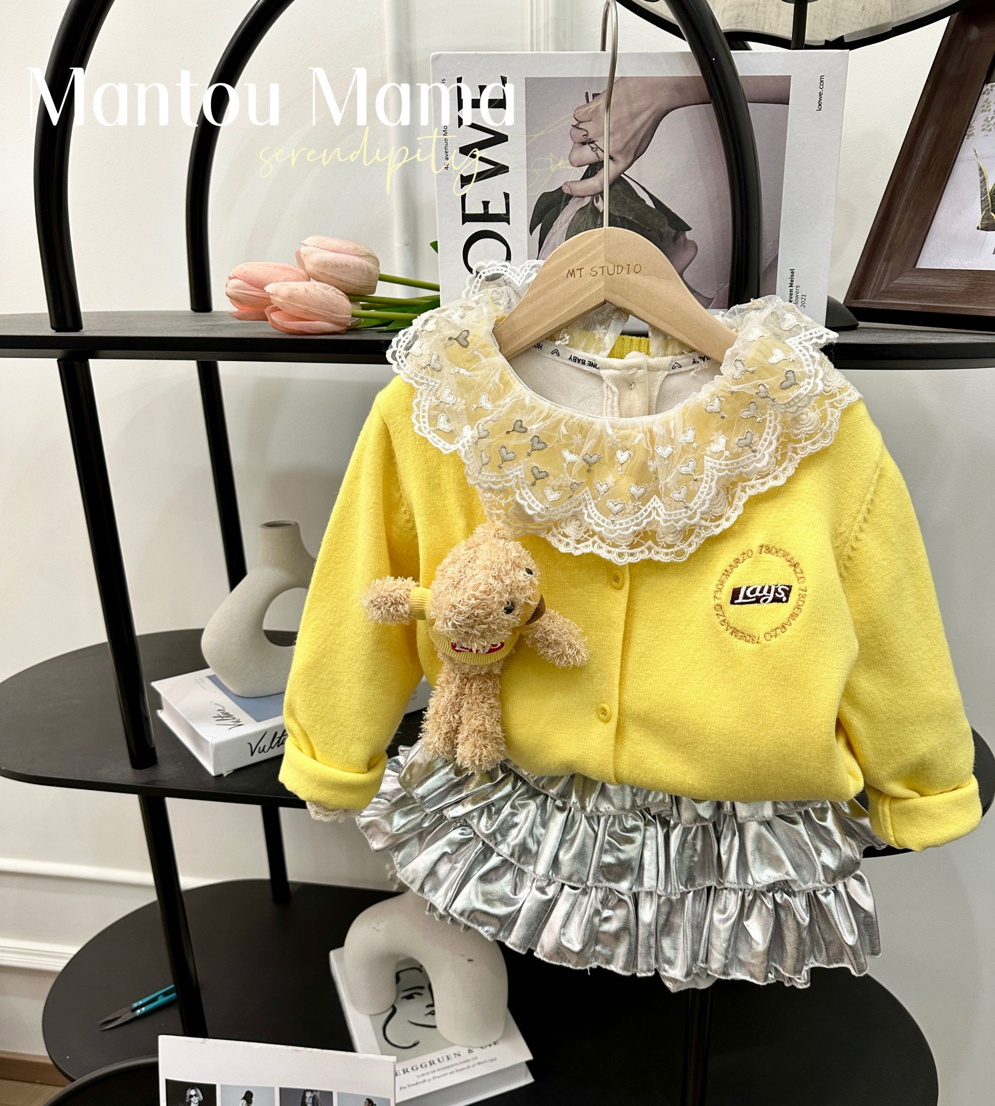 【Mt studio】【新款】立体熊美式活力黄毛衣开衫春秋季女童柔软百搭