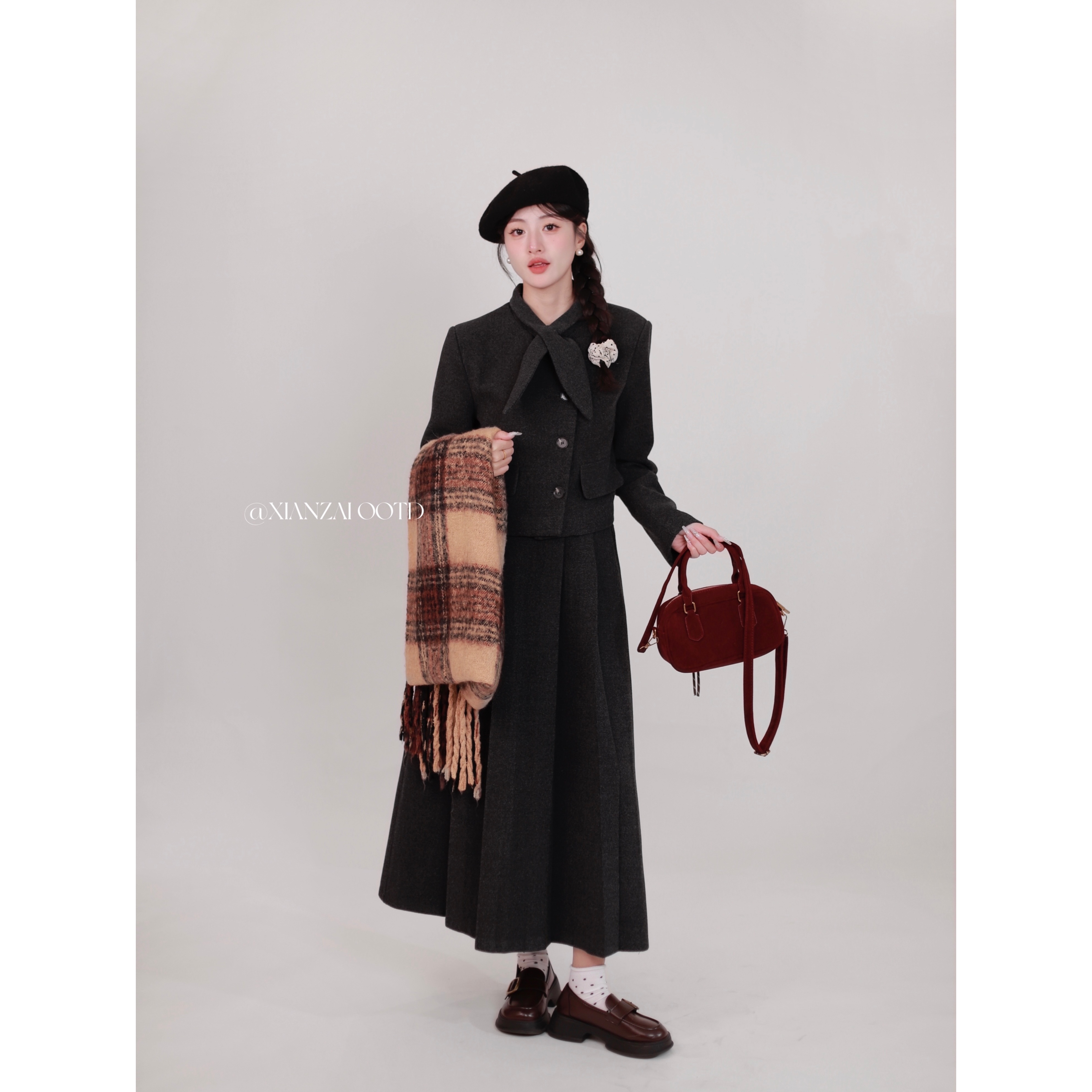 XIANZAI【艺术生】春季新款蝴蝶结小香风羊毛外套半身裙两件套装