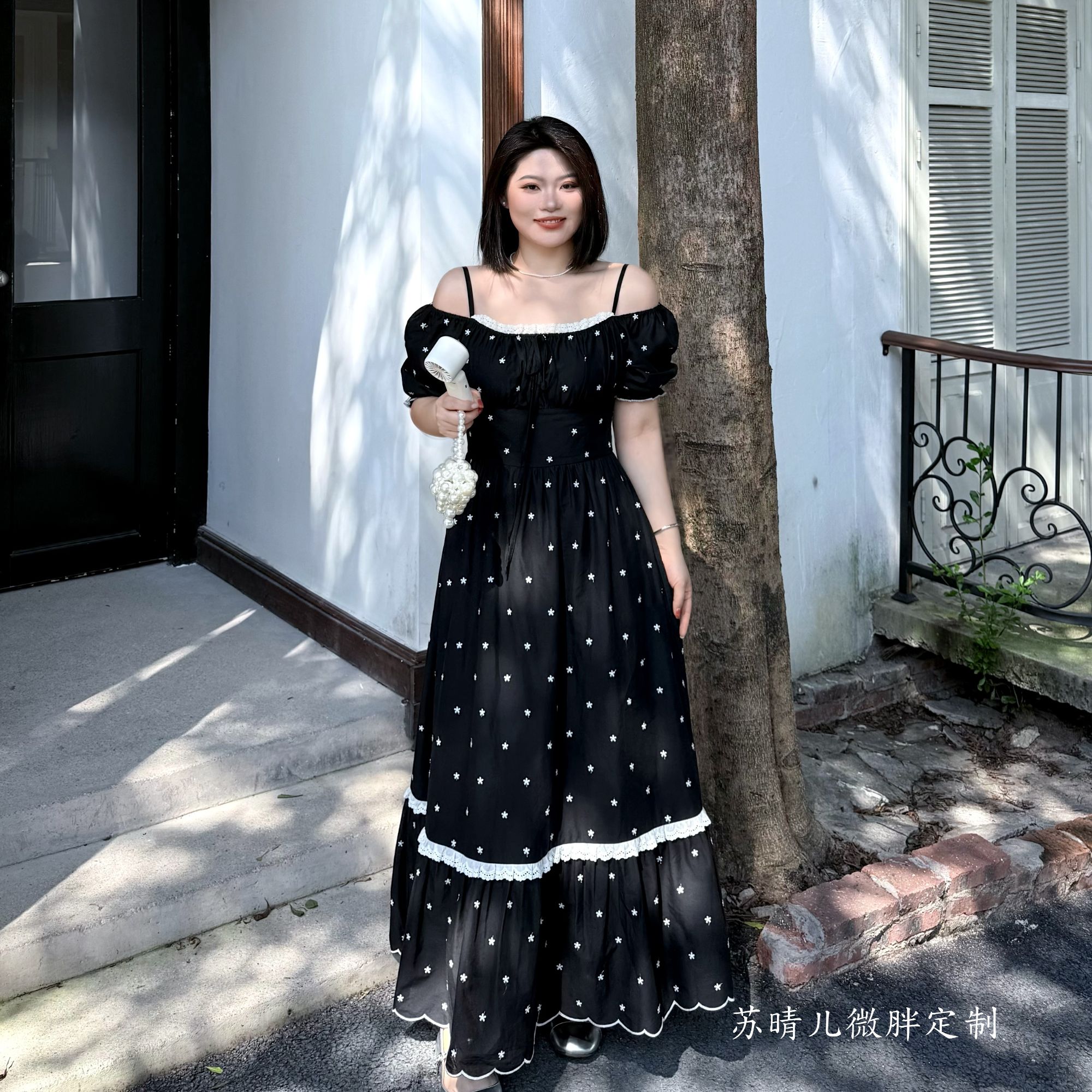 现货【黑巧甜心】夏季气质收腰显瘦碎花泡泡袖微胖连衣裙-S1263