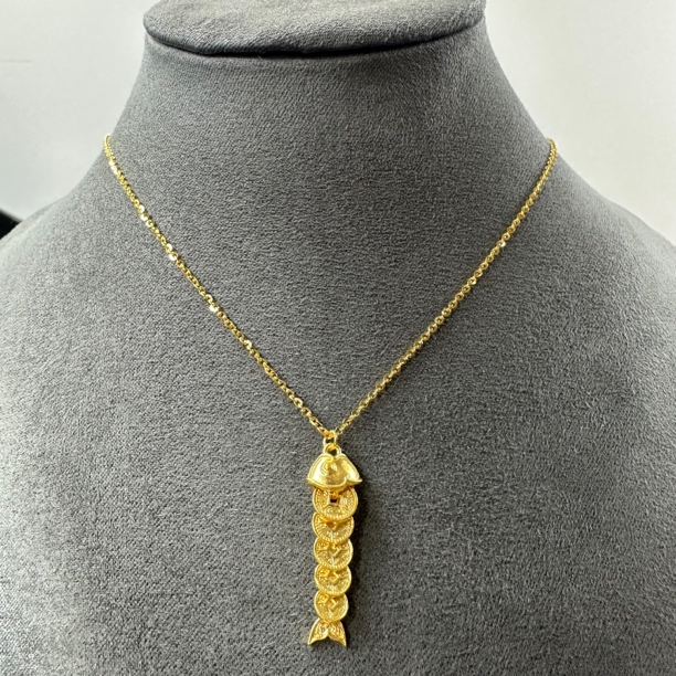 足金999 新款五帝钱年年有鱼套链 扭扭鱼