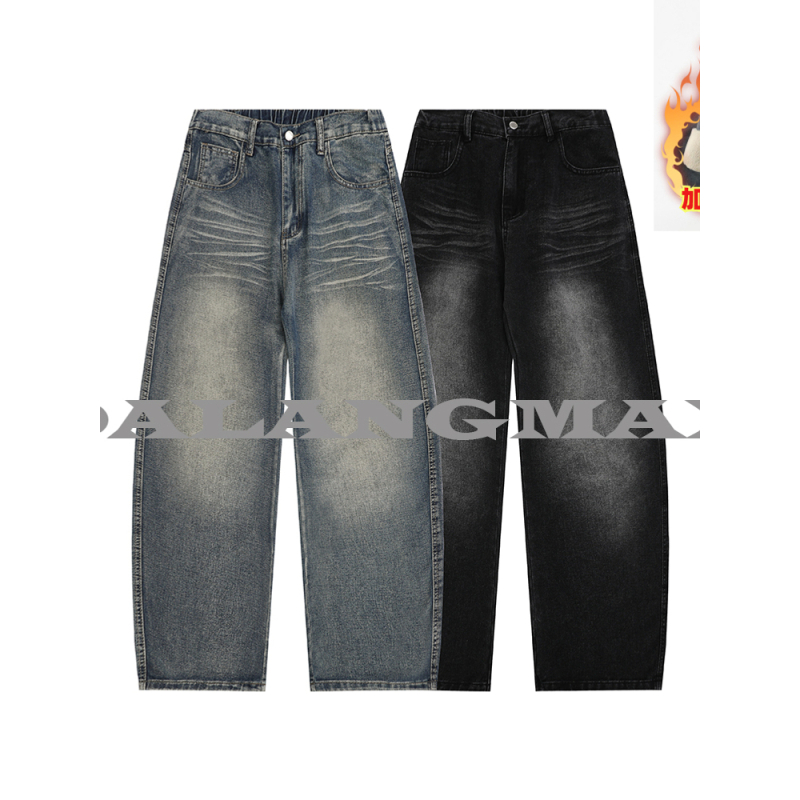 DALANGMAX陈达浪大码男装冬季新款加绒弯刀裤复古保暖水洗牛仔裤