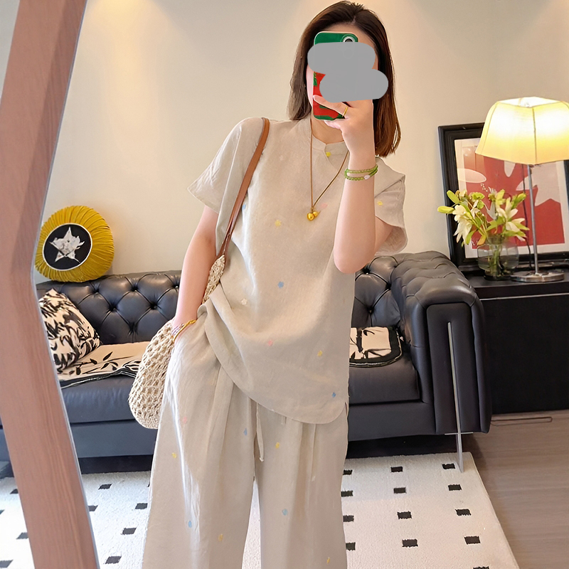 2025夏季新款时尚百搭显瘦宽松盘扣复古中式减龄防晒短袖短裤套装