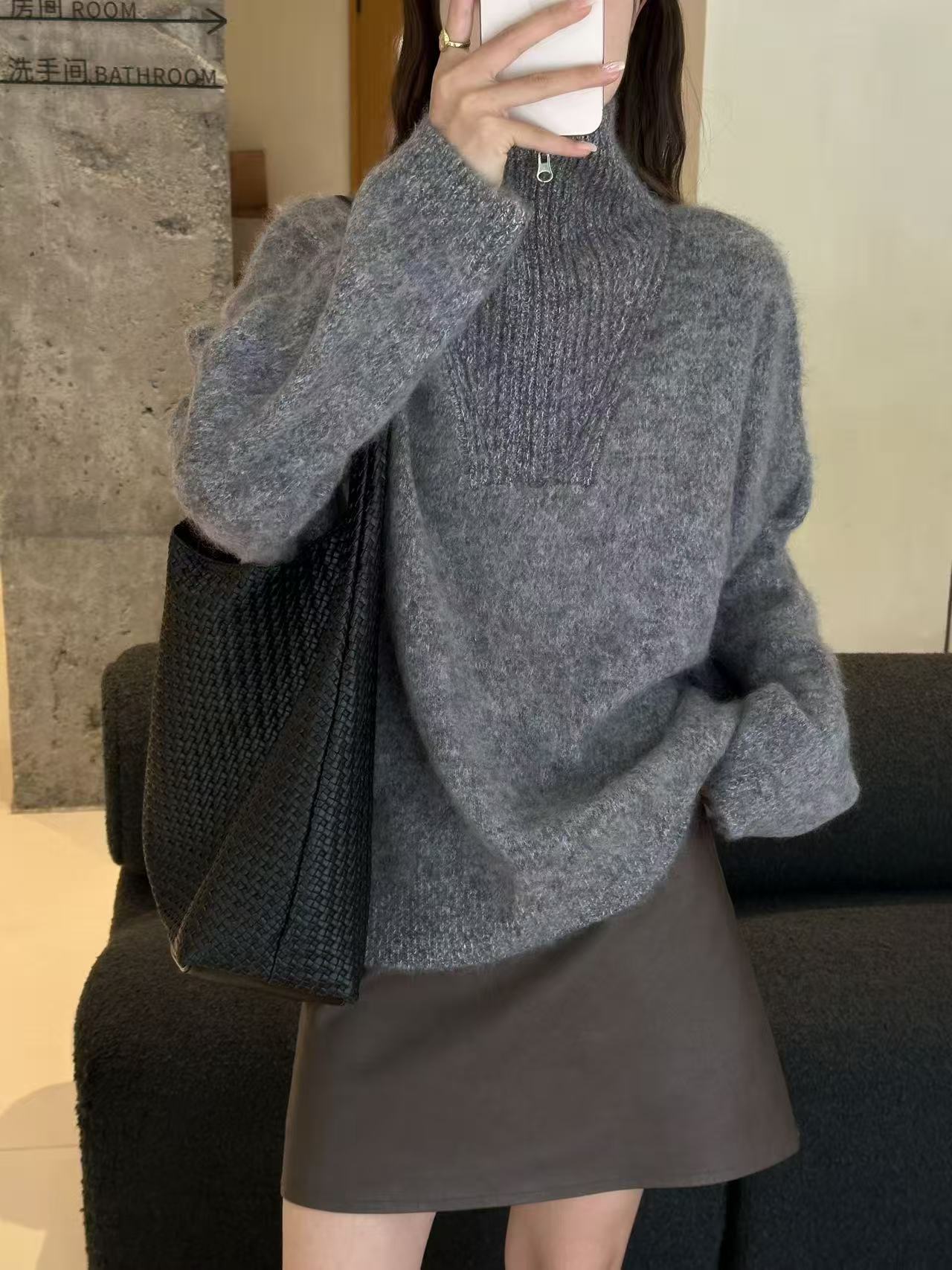 秋冬半高领拉链羊毛拉毛针织衫百搭网红高领毛衣25708