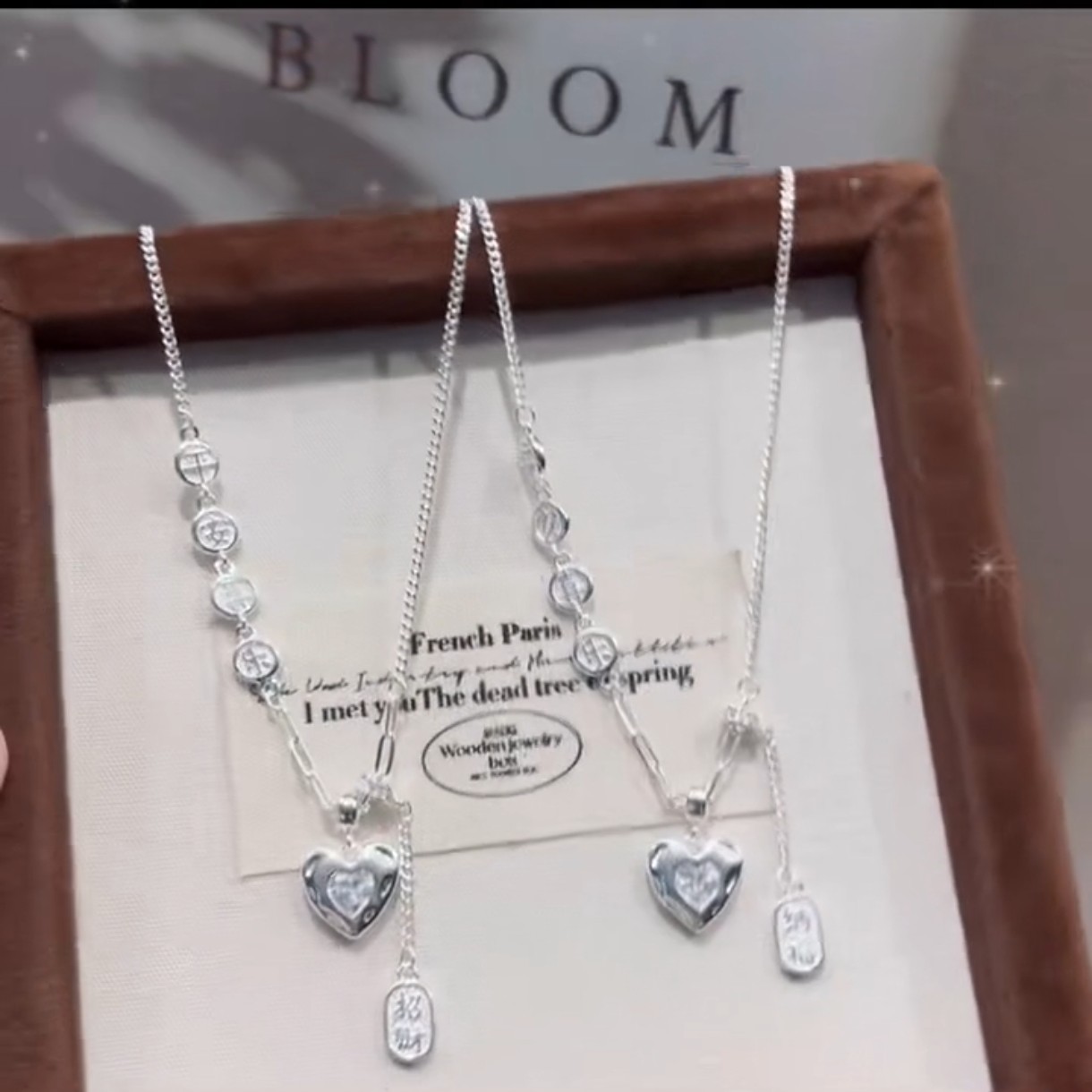 坠链均足银 足银990锤纹爱心平安喜乐套链银色项链