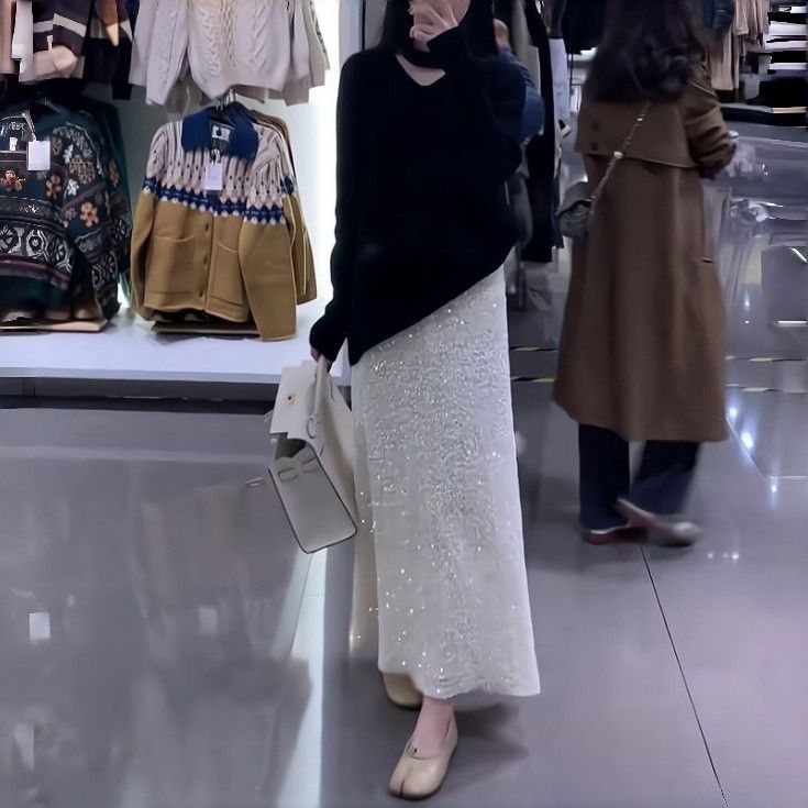 中长款亮闪闪重工显瘦半身裙春秋冬季新款包臀裙高腰亮片鱼尾裙女