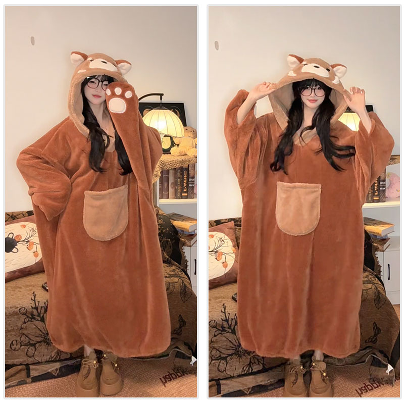 连帽大睡袍舒棉绒睡袍秋冬家居服外穿加绒加厚长款睡衣