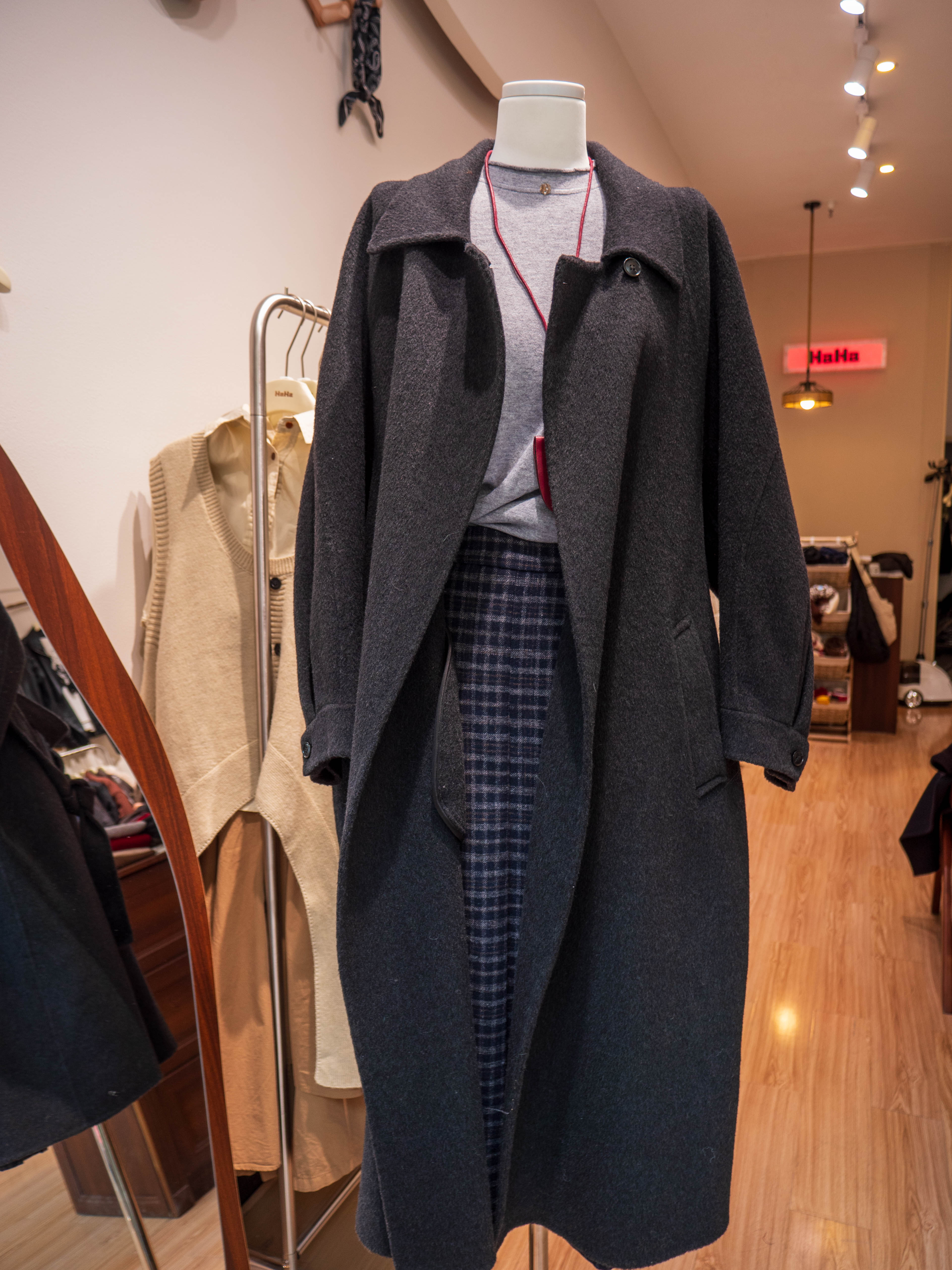 【HAHA】冬季秋季长款羊毛大衣设计师外套黑色休闲女装