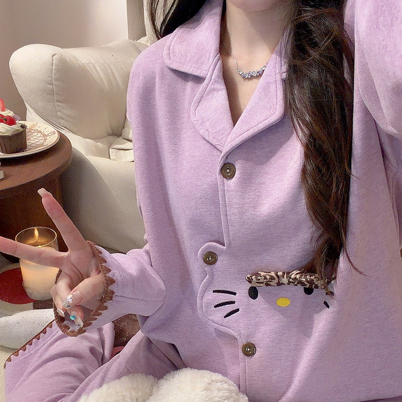 紫色贝壳边kitty睡衣女生绵羊绒秋冬季长袖少女心加厚保暖家居服