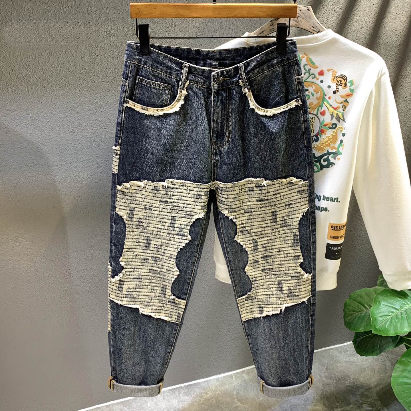 男士高街复古潮牌贴布工艺重磅蓝色洗水牛仔裤潮流宽松哈伦萝卜裤