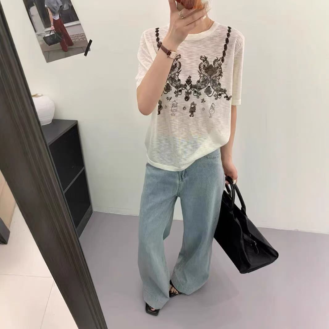 韩版宽松潮流蝴蝶定位印花短袖上衣H6773