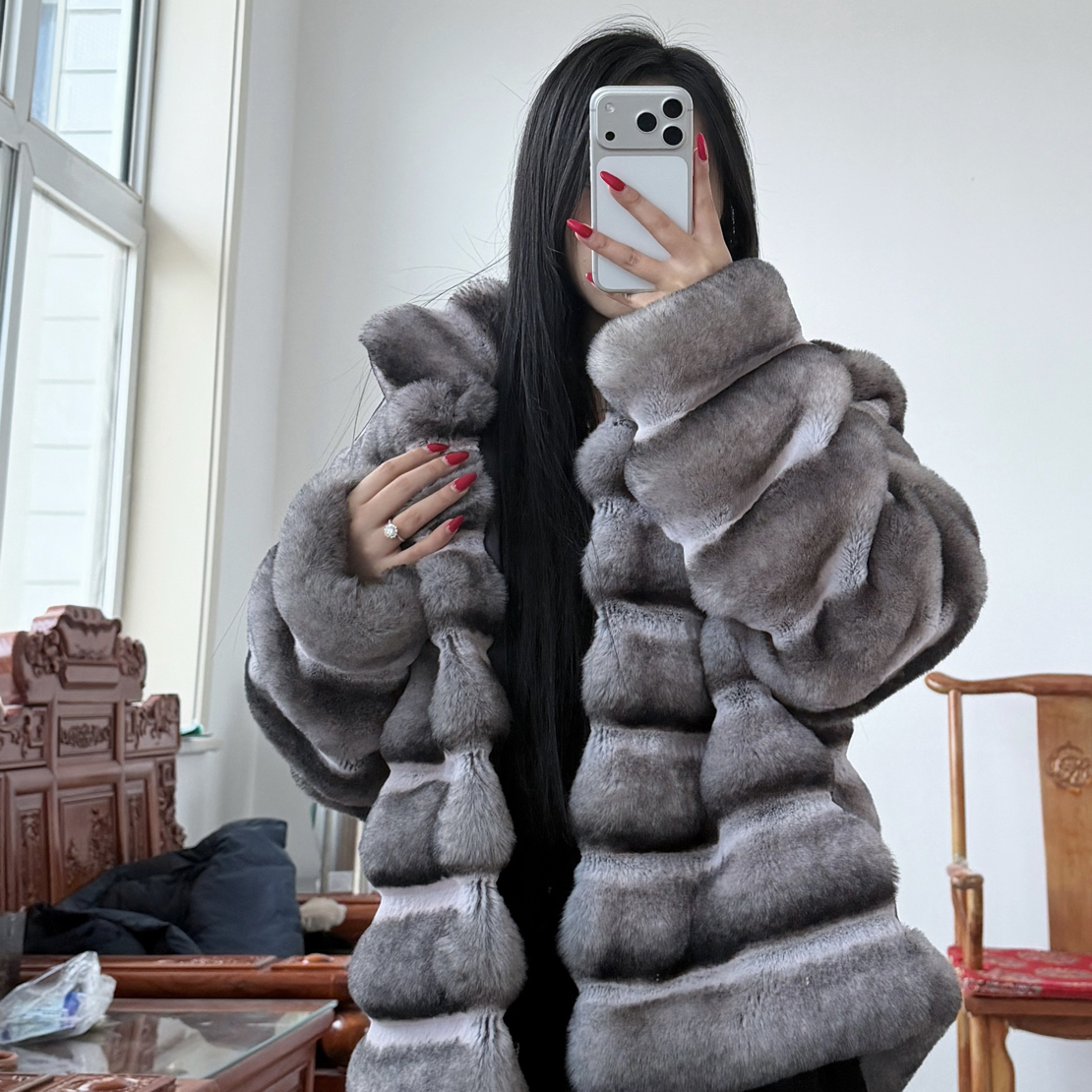 人造皮草 爆款青紫蓝兔冬季新款高级感龙猫纹仿皮草毛毛外套冬季