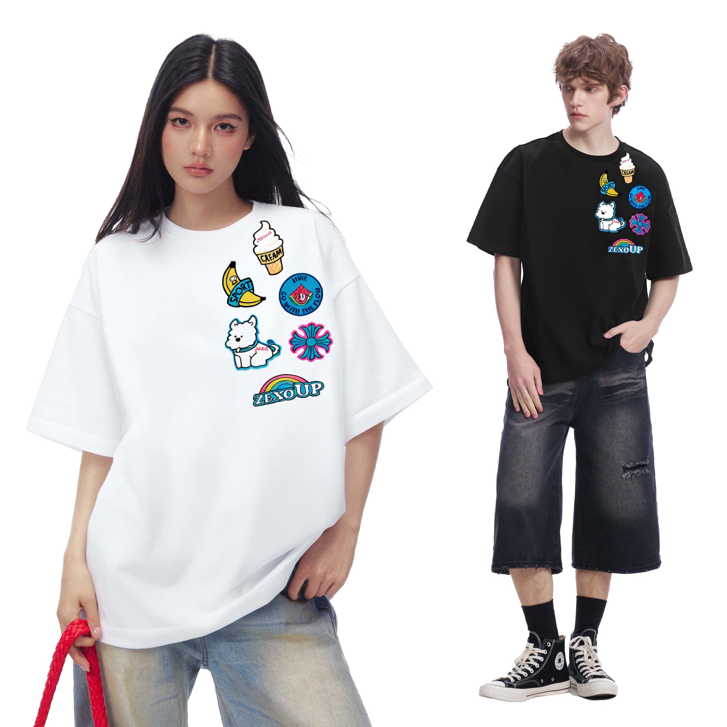 ZEXO美式高街ins半截袖男女同款潮流百搭短袖重磅T恤ZE25132