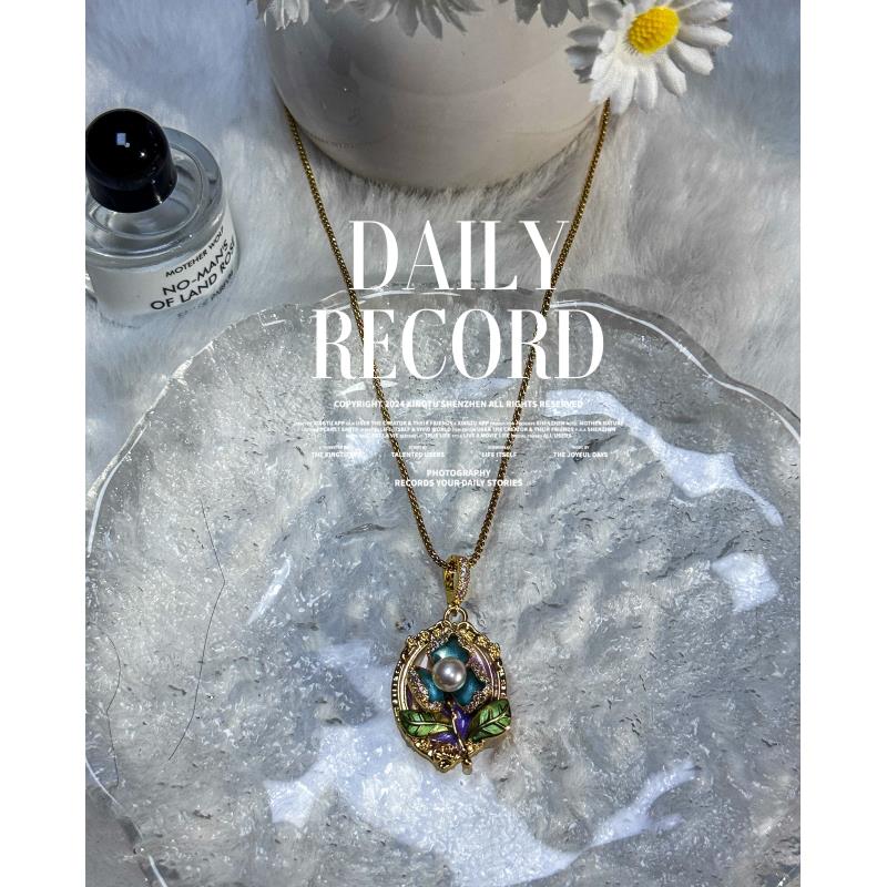 天然淡水珍珠项链 - DSN设计师款紫色三叶花油画风吊坠项链（5002）