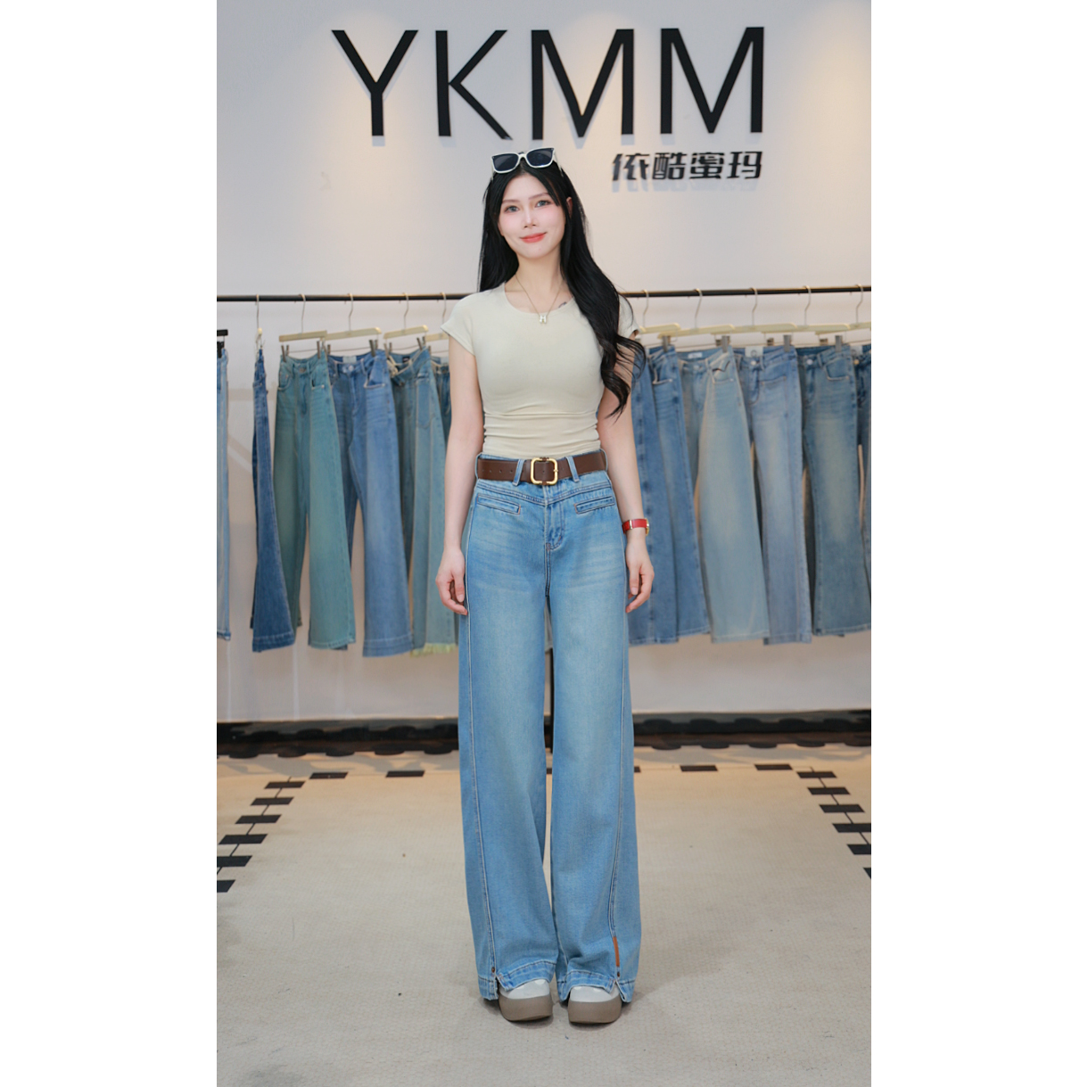 YKMM遮肉收腿无弹直筒女装牛仔裤春季高腰显瘦长裤子