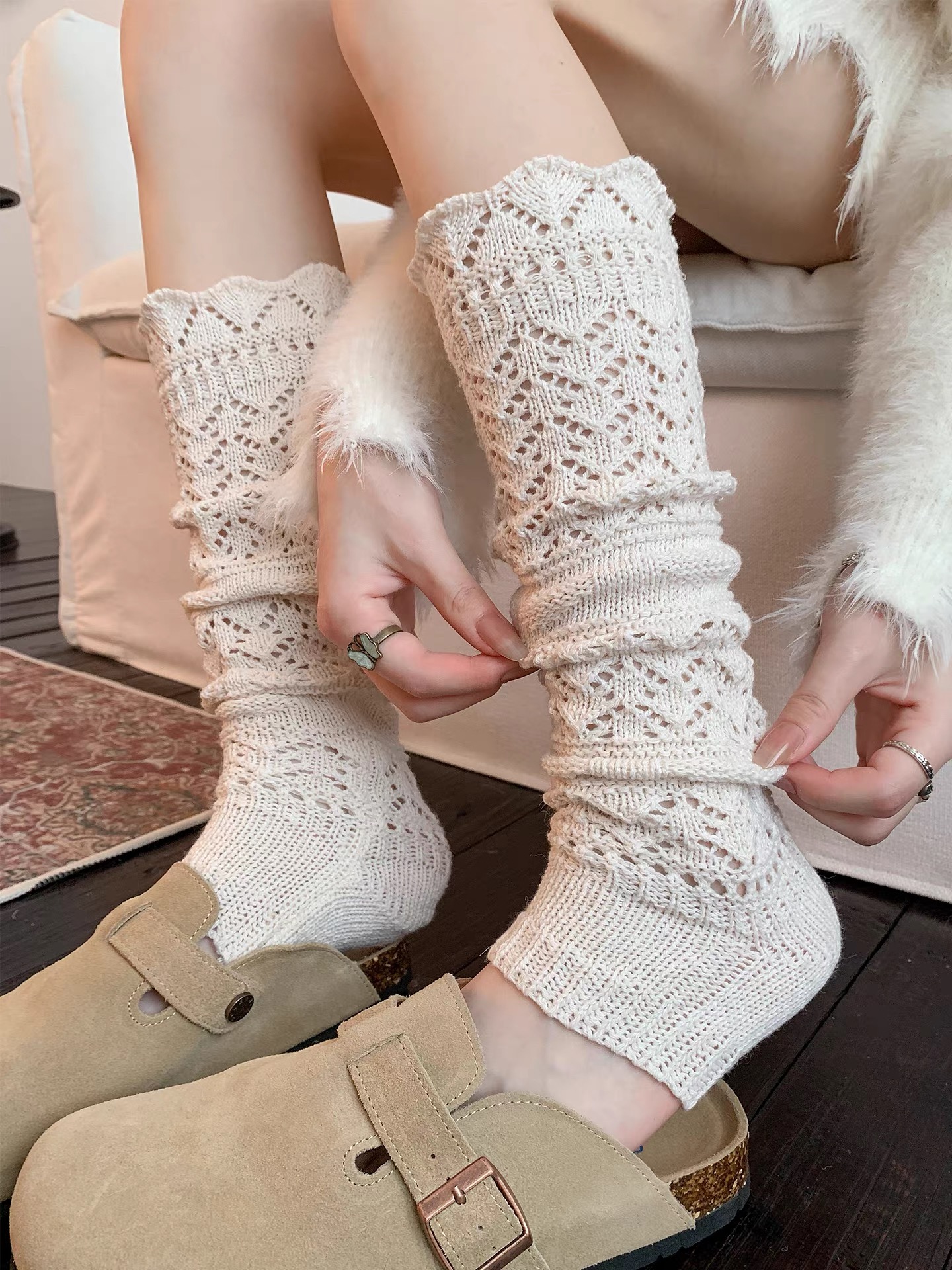 白色秋冬羊毛小腿袜女加厚保暖灰色堆堆袜甜美韦雪同款袜套